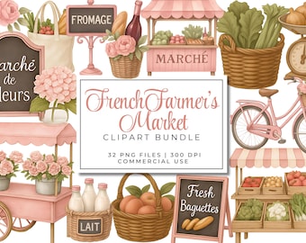 May include: A digital clipart bundle featuring a French farmer's market theme. The image includes market stalls, a bicycle, signs with text, baskets of produce, and floral arrangements. The color palette is soft pink and brown.
