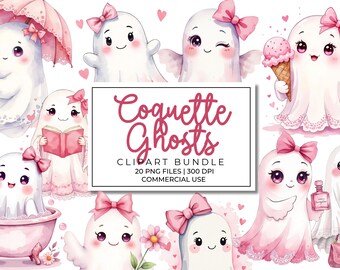 Roze Coquette Ghost-clipartbundel | Flirterig esthetische Halloween-png's | Kawaii griezelig meisje-illustraties | Pastelkleurige gotische geesten | Commercieel gebruik