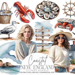 May include: A digital clipart bundle featuring coastal New England elements including a lighthouse, anchor, lobster, seagull, oysters, ship wheel, beach house, and two figures. The text reads Coastal NEW ENGLAND CLIPART BUNDLE 36 PNG FILES 300 DPI.