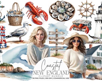 Coastal New England Clipart Bundle | Nautical Summer Aesthetic PNGs | Lobster, Lighthouse, Cape Cod, Ocean Seaside Digital Art Graphics