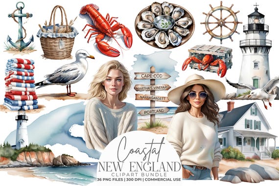 Coastal New England Clipart Bundle | Nautical Summer Aesthetic PNGs | Lobster, Lighthouse, Cape Cod, Ocean Seaside Digital Art Graphics