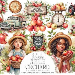 Peut inclure: Un ensemble d'images numériques à l'aquarelle représentant des pommes, un tracteur rouge, un camion vintage, une table de pique-nique, une balance et deux enfants avec des chapeaux. Le texte inclut Farmer's Market, Apple Orchard et Pick Your Own.
