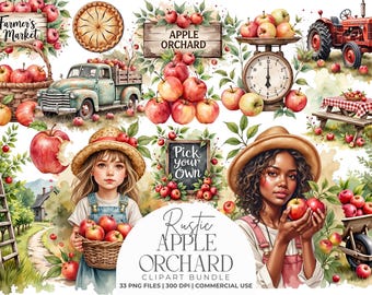 Rustikaler Apfelgarten Clipart Bundle, Aquarell Herbstäpfel, Bauernhofkisten, Cider, Bäume, Körbe & Herbsternte PNGs, Junk Journal Grafiken