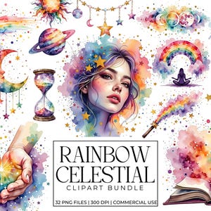 Puede incluir: Un paquete de imágenes prediseñadas de acuarela con un tema celestial de arcoíris. La imagen presenta una mujer, una luna creciente, un arcoíris, un atrapasueños y otros elementos celestiales. El texto dice "RAINBOW CELESTIAL CLIPART BUNDLE".