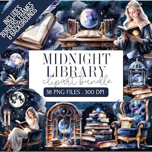Lot de cliparts bibliothèque de minuit | Fantaisie céleste magique PNG | Livres enchantés et graphiques mystiques | Carnet de voyage Lune et étoiles nuit