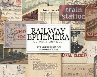 May include: A collage of vintage railway ephemera, including tickets, tags, and train illustrations. The central element is a white rectangle with the text "RAILWAY EPHEMERA CLIPART BUNDLE". The image features a variety of sepia tones and aged textures.