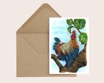 Cartão de saudações de Natal de galinha - Golden Partridge Bantam - Galinhas, para ela, para ele, Feliz Natal, Galo, 7x5" com envelope marrom