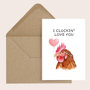 Karta Walentynkowa z Kurczakiem - Cluckin' Love - Kurczaki, Zabawne, Dla Niej, Dla Niego, Rocznica, Walentynki 7x5" Z Brązową Kopertą