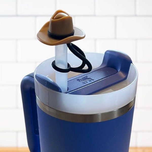 Silicone Cowboy Hat Straw Cover- Choose Your Color Brown or Hot Pink, Fits Stanley Cup Straws and Secures with a Strap