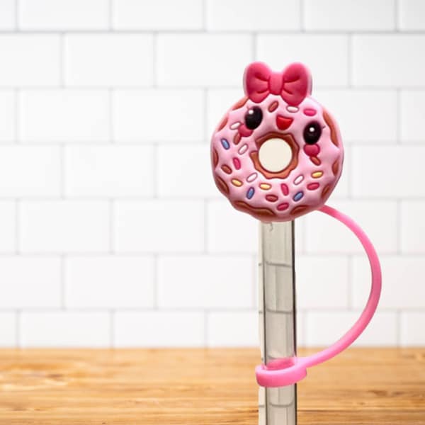 Pink Sprinkle Donut Silicone Straw Topper for Travel Water Bottles and Reusable Straw Tumblers