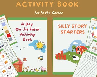 Libro de actividades para niños: laberintos y búsquedas de palabras, escritura de oraciones, combinación de colores, temática de granja