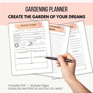 Peut inclure: Planificateur de jardinage imprimable avec un mod&egrave;le de carte de plante, une section pour lister les l&eacute;gumes &agrave; cultiver et une section d'objectifs. Le planificateur a un sch&eacute;ma de couleurs rose et vert.
