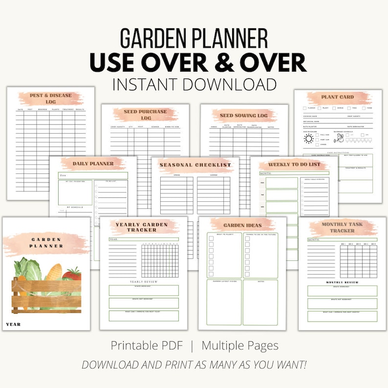 Peut inclure: Planificateur de jardin imprimable avec plusieurs pages, y compris un journal des ravageurs et des maladies, un journal d'achat de semences, un journal de semis, un planificateur quotidien, une liste de contr&ocirc;le saisonni&egrave;re, une liste de t&acirc;ches hebdomadaires, un suivi annuel du jardin, des id&eacute;es de jardin et un suivi des t&acirc;ches mensuelles. Le planificateur pr&eacute;sente une illustration aquarelle d'une caisse de l&eacute;gumes.
