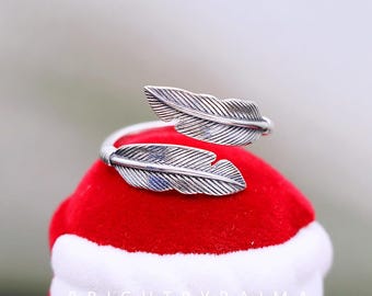 Feather Ring - Vintage S925 Sterling Silver Adjustable Open Band, Bohemian Stackable Pinky/Index Finger Jewelry, Hipster Edgy Statement Ring