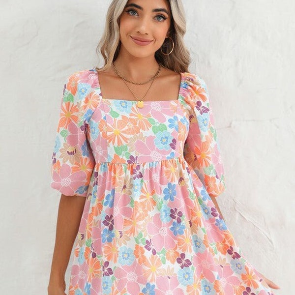 Coral Floral Bubble Sleeve Dress, Block print dress, women dress, Cotton dress Summer dress floral dress women, Beach dress, Vacation dress