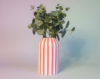 Coral Pink Hand Painted Ceramic Vase Striped Colour Flower Vase