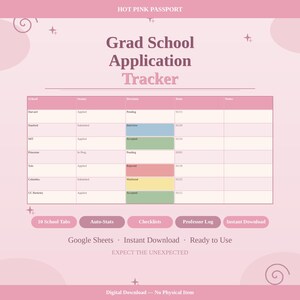 May include: A pink digital grad school application tracker with the text "Grad School Application Tracker." The tracker includes sections for school, status, decision, date, and notes. Additional features include 10 school tabs, auto-stats, checklists, and a professor log.