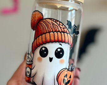 Halloween Ghost Glass Tumbler,   Spooky Season Coffee Cup with Lid & Straw