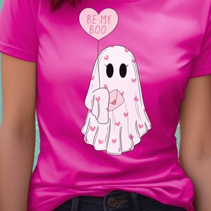 Heart Cute Ghost Pink Cotton T-Shirt, Adorable Ghost Design for Women, Valentines Day Shirt, XOXO, Love Tees, Pink Coquette, Soft Girl Shirt