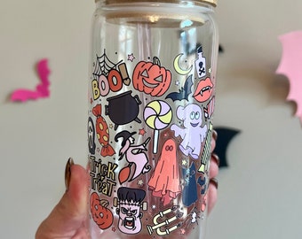 Halloween Doodles Iced Coffee Glass Cup with Lid & Straw