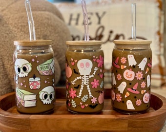 Pastel Kawaii Halloween Iced Coffee Glass Tumbler with Lid and Straw: Spooky Season Decor