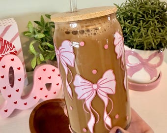 Pink Bow Glass Tumbler: Coquette Iced Coffee Cup with Lid & Straw