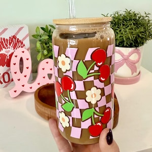 Retro Red Cherry Cup, Retro Cherries Glass, Checkered Mother’s Day Tumbler, Aesthetic Iced Coffee Cup with Lid and Straw, Gift Under 20