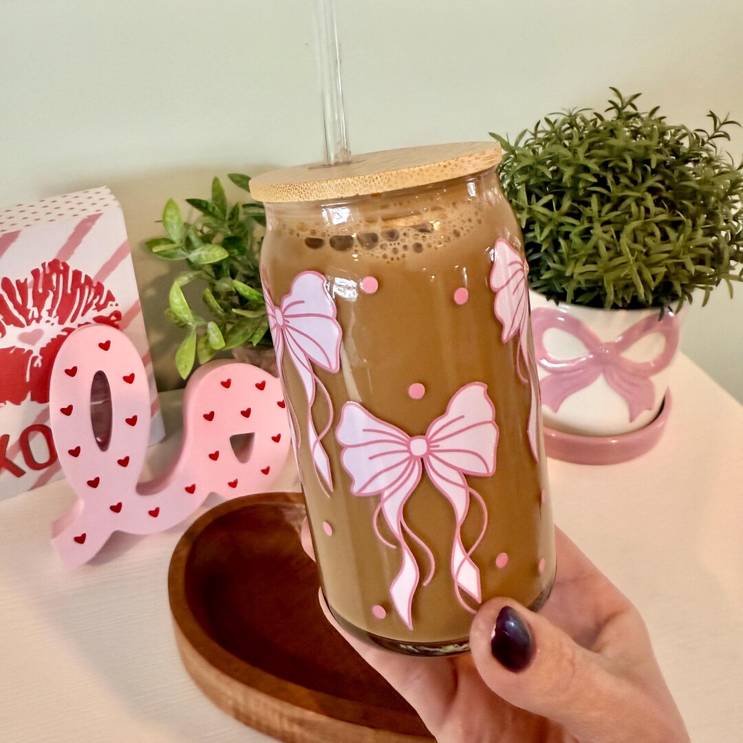 Pink Bow Glass Tumbler: Coquette Iced Coffee Cup With Lid & Straw - Etsy