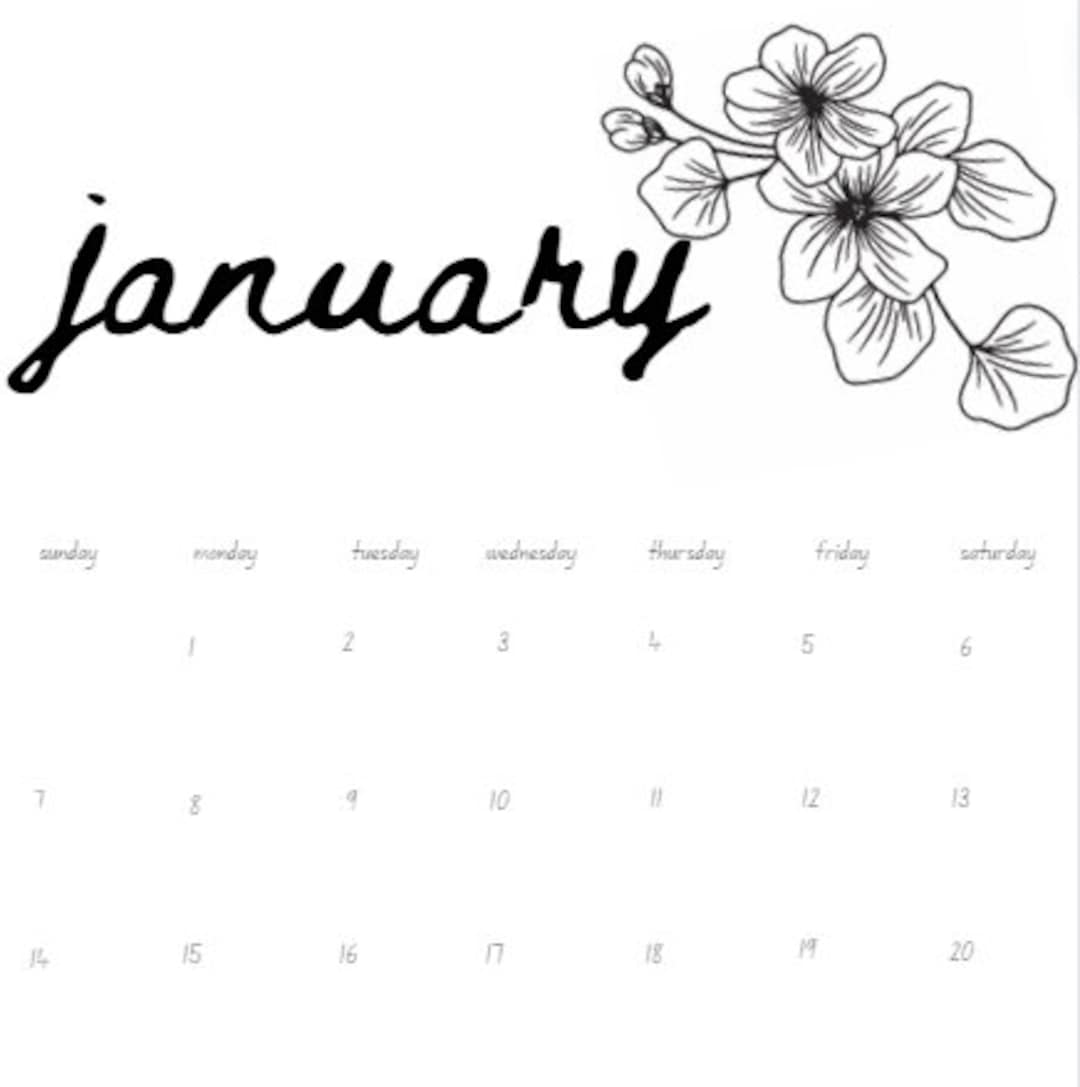 2025 Calendar Printable Calendar Black and White Flowers Etsy