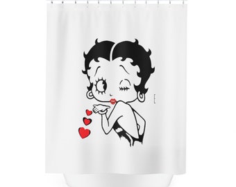 Rideau de douche en polyester BETTY BOOP, baiser coeurs rouges