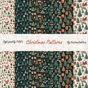 Può includere: Quattro motivi natalizi senza cuciture che presentano un design ripetitivo di alberi di Natale verdi, scatole regalo rosse e bianche e figure di Babbo Natale. I motivi sono su uno sfondo bianco con una sovrapposizione testurizzata. Il testo "High quality PNG's Christmas Patterns By Enchanted Hues" è nella parte superiore dell'immagine.