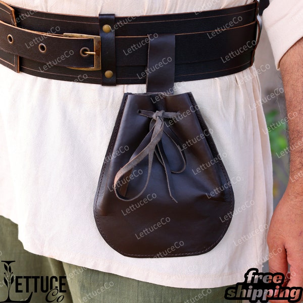 Ren Faire Viking Larp Bag, Renaissance Drawstring Goth Bag, Small Festival Leather Belt Pouch, Medieval Unique Vintage Belt Bag for Adults