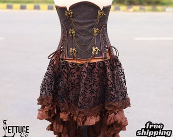 Renaissance Fair Pirate Costume, Medieval Underbust Corset Dress, Midi Steampunk Corset Skirt, Renaissance Gothic Brown Corset/Blouse/Skirt