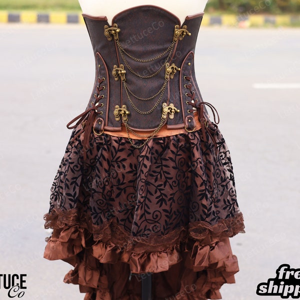 Renaissance Fair Pirat Kostüm, Mittelalterliches Unterbrust Korsett Kleid, Midi Steampunk Korsett Rock, Renaissance Gothic Braunes Korsett/Bluse/Rock