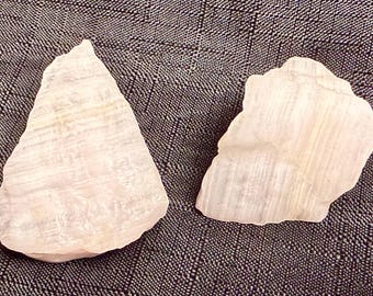 Pode incluir: Duas peças de cristal de selenita rosa, uma tem forma triangular e a outra uma forma mais irregular. Ambos os cristais têm uma textura em camadas e estriada.