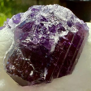 May include: A raw, natural amethyst crystal cluster. The crystal features deep purple and violet hues with a crystalline structure. The amethyst sits on a white surface, with a blurred green background.
