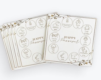 Passover Coaster Set: 6 Plague-Themed Coasters + Personalized Napkin Rings | Customized Family Name