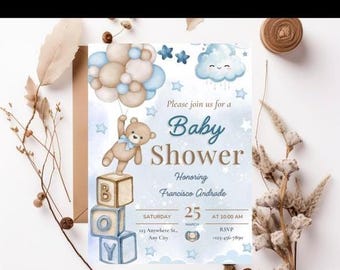 Editable Brown Bear Balloon Baby Shower Invitation, We Can Bearly Wait Invite, Blue Boy Boho Bear