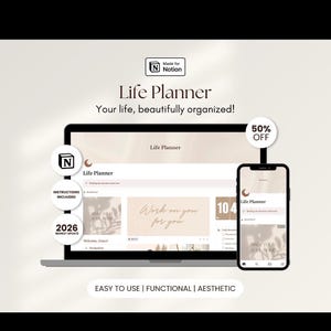 May include: A digital life planner displayed on a laptop and smartphone. The laptop screen shows the planner interface with the text "Life Planner" and "Work on you for you." The smartphone displays the same planner. Text includes "50% OFF" and "Easy to use | Functional | Aesthetic."