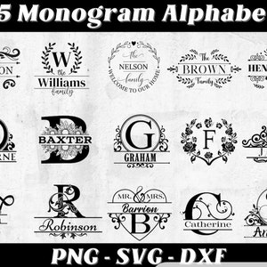 May include: A set of 15 monogram alphabet designs featuring various styles and fonts. Each design includes a letter, a name, and a decorative flourish. The designs are in black and white and are suitable for use in crafting projects.