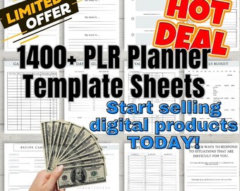 May include: A digital product bundle with a hot deal offer. The image shows a stack of cash, a hand holding the cash, and a collage of planner template sheets. The text on the image reads "1400+ PLR Planner Template Sheets", "Start selling digital products TODAY!" and "Over 50 Planners!"