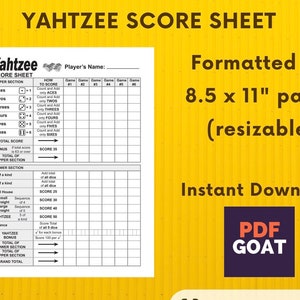 Yahtzee Score Sheet - Printable file - Instant PDF Download (8.5x11 in)