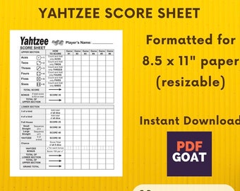 Yahtzee Score Sheet - Printable file - Instant PDF Download (8.5x11 in)