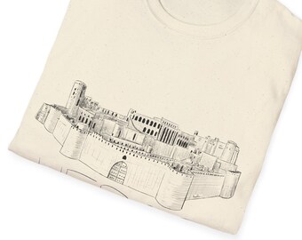 Camiseta con diseño de pintura digital Herat Citadel / Diseño de dibujo a mano de Qala Ikhtiaruddin / Gran Khorasan, diseño de camiseta con poema persa