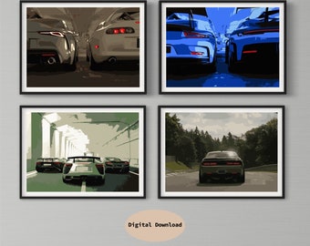 Car Poster Set of 4, Digital Wall Art Car Poster Super Car Print Boy Room Decor