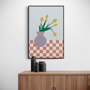 Arte de pared con estampado floral, flores modernas, descarga de arte para decoración del hogar, tulipán, bodegón, regalo para amantes de las flores, decoración imprimible en amarillo