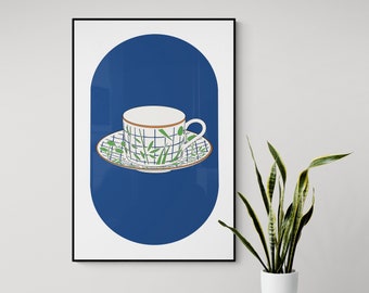 Wall Art Tea Cup Print Teacup Download Tea Art for Kitchen Decor Vintage Teacup Gift Tea Lover Printable Cafe Decor Blue