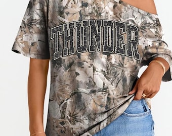 OKC Thunder Camo Off Shoulder Shirt | Oklahoma City Thunder Game Day Tee | Women’s Oversized Thunder Shirt | Vintage Thunder Basketball Fan