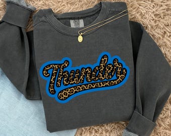 Girly OKC Thunder Basketball Shirt | Leopard Print Thunder Sweatshirt | Oklahoma Basketball Game Day Outfit | GILDAN BRAND