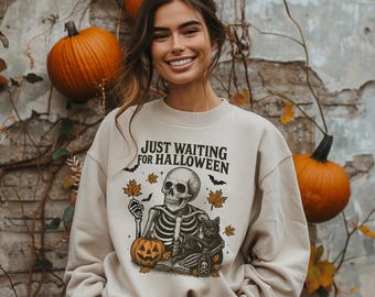 Just Waiting For Halloween Skeleton & Pumpkins Cozy Crewneck